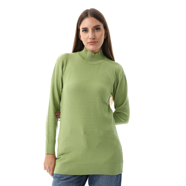 Lattice Pattern High Collar Pullover - Sheen Green
