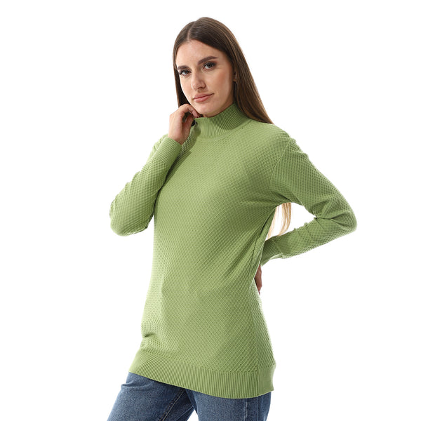 Lattice Pattern High Collar Pullover - Sheen Green