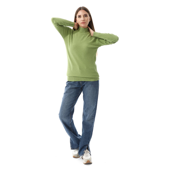 Lattice Pattern High Collar Pullover - Sheen Green