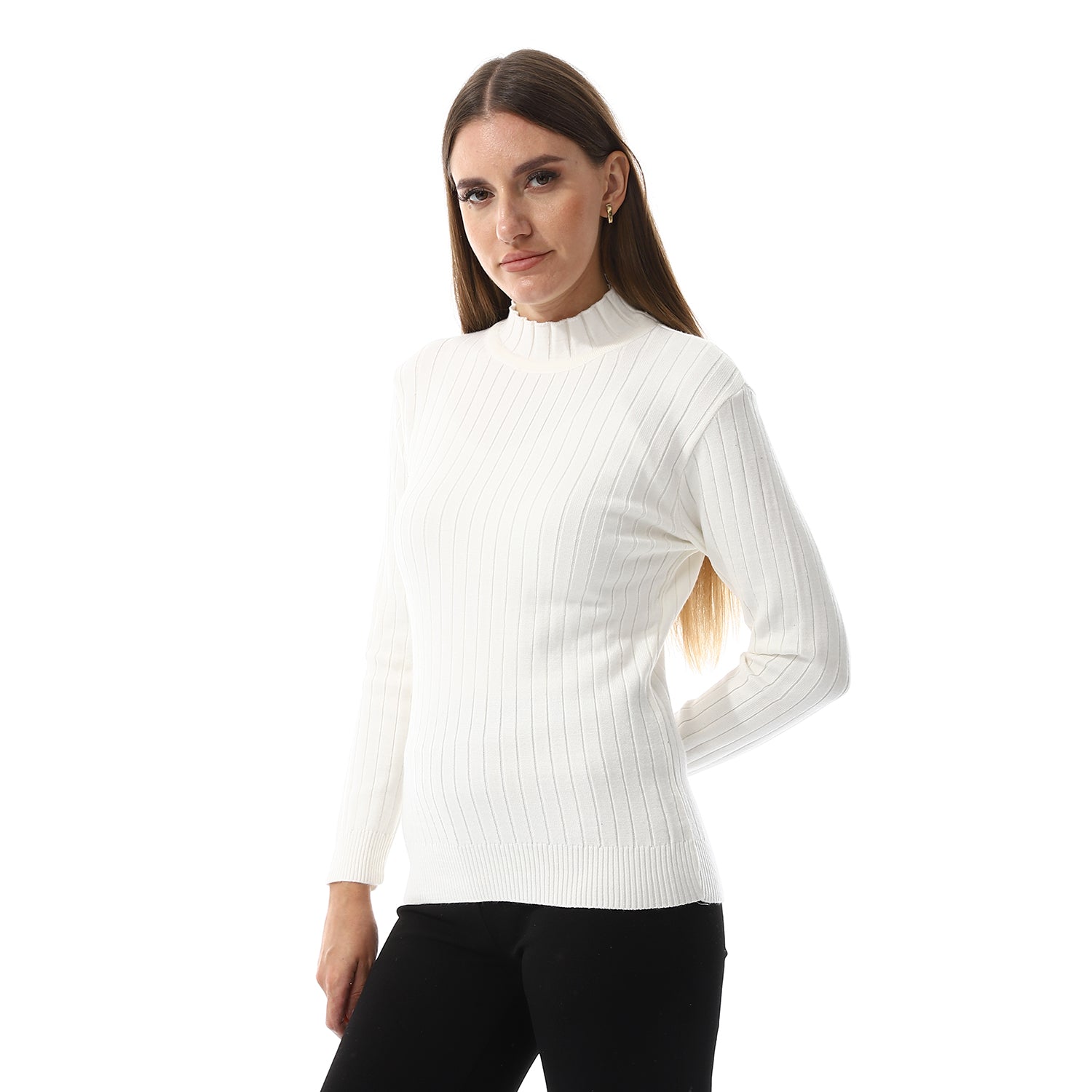 Off White Wide Ribbed Mock Neck Top Andora