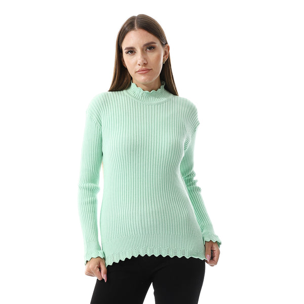 Ruffle Edges Plain Pattern Pullover - Light Green