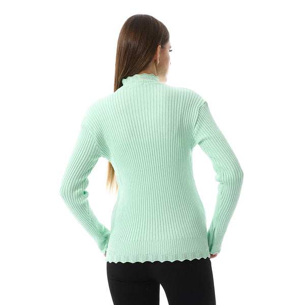Ruffle Edges Plain Pattern Pullover - Light Green