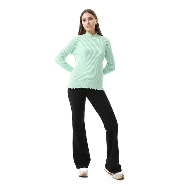Ruffle Edges Plain Pattern Pullover - Light Green