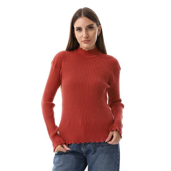 Ruffle Edges Plain Pattern Pullover - Brick Red