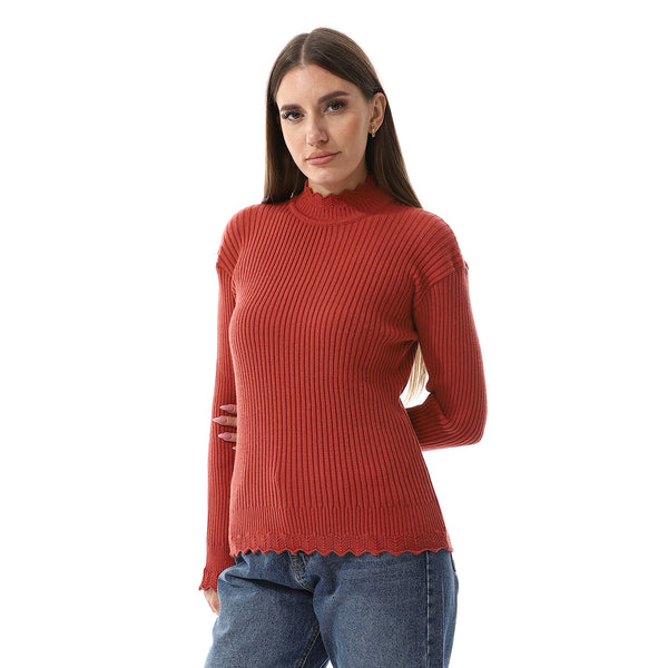 Ruffle Edges Plain Pattern Pullover - Brick Red