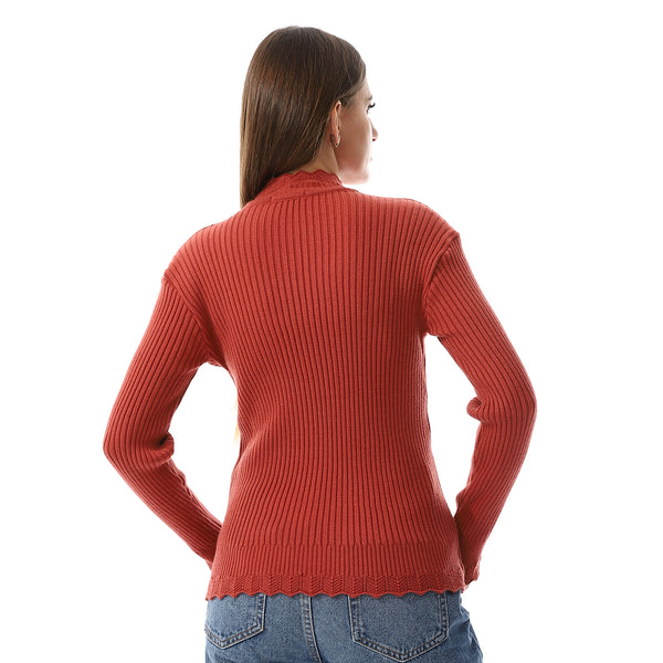 Ruffle Edges Plain Pattern Pullover - Brick Red