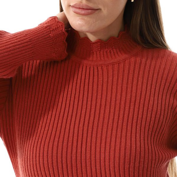 Ruffle Edges Plain Pattern Pullover - Brick Red
