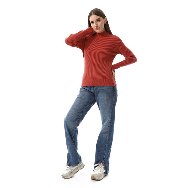Ruffle Edges Plain Pattern Pullover - Brick Red