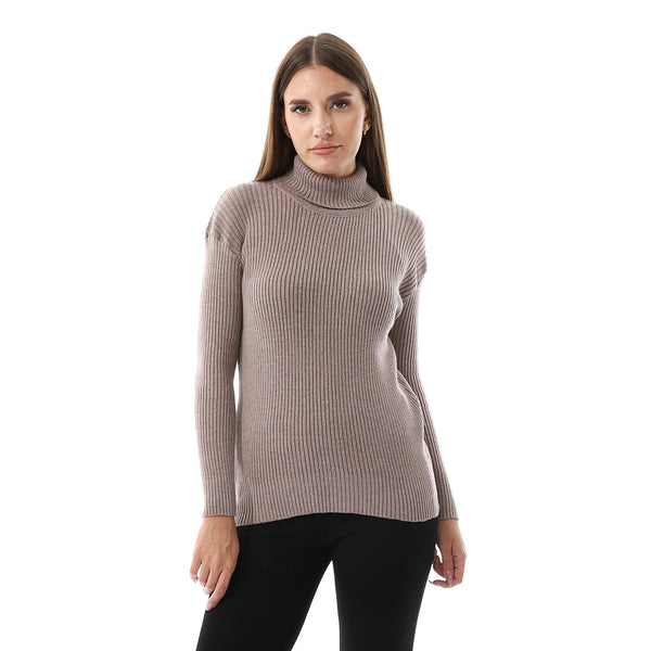 Taupe Brown Long Sleeves Slip On Ribbed Top