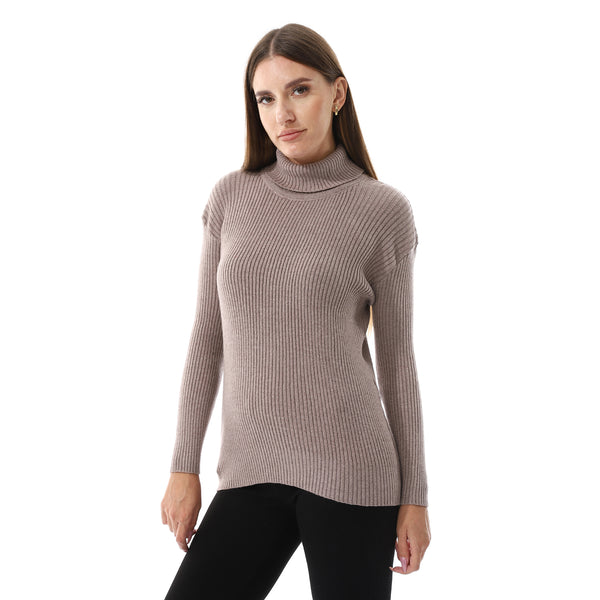 Taupe Brown Long Sleeves Slip On Ribbed Top