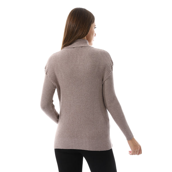 Taupe Brown Long Sleeves Slip On Ribbed Top