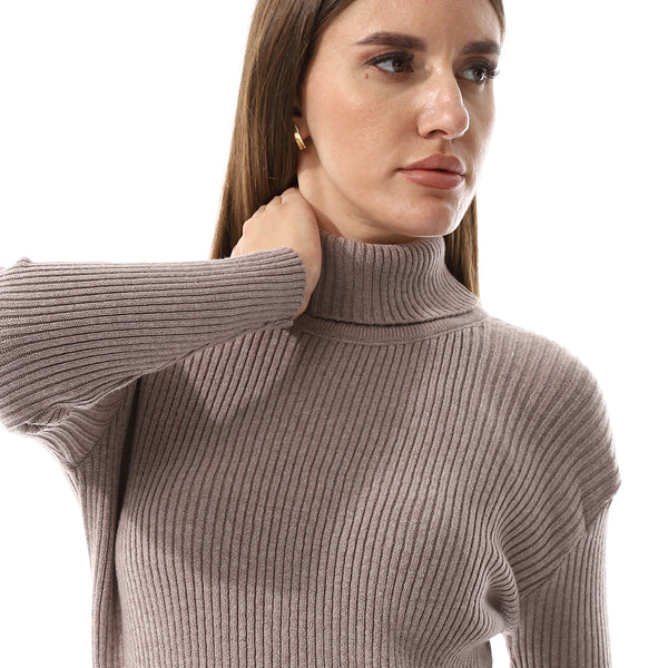 Taupe Brown Long Sleeves Slip On Ribbed Top
