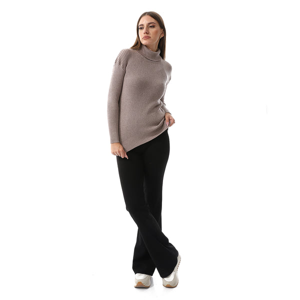 Taupe Brown Long Sleeves Slip On Ribbed Top