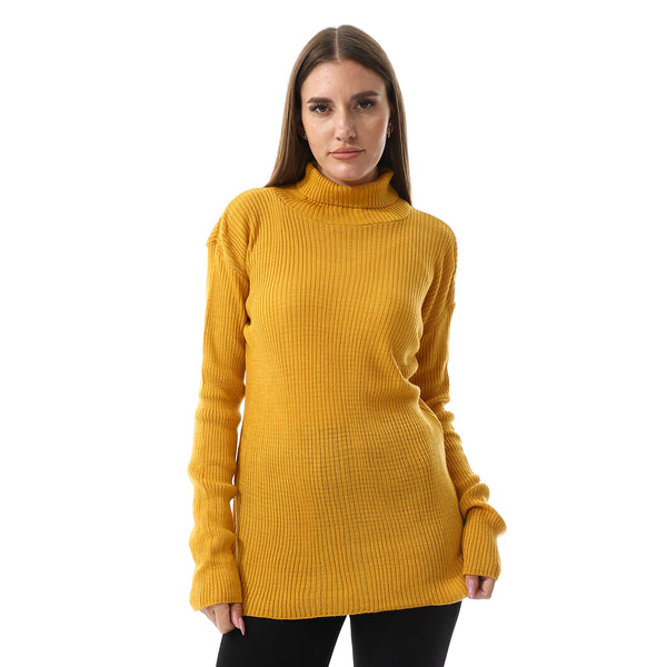 Turtle Neck Slip On Ribbed Top - Mustard
