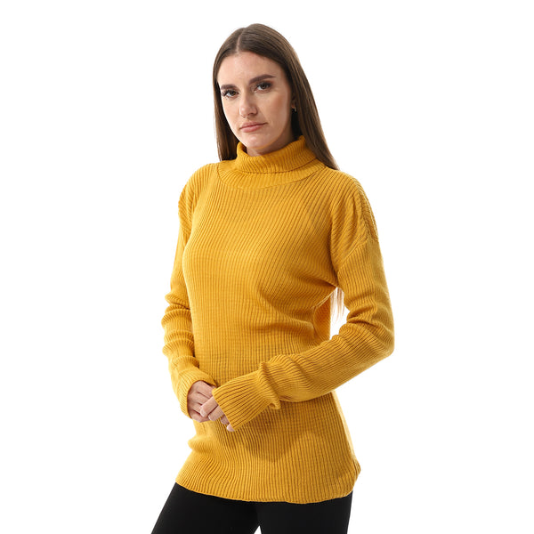 Turtle Neck Slip On Ribbed Top - Mustard
