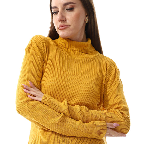 Turtle Neck Slip On Ribbed Top - Mustard