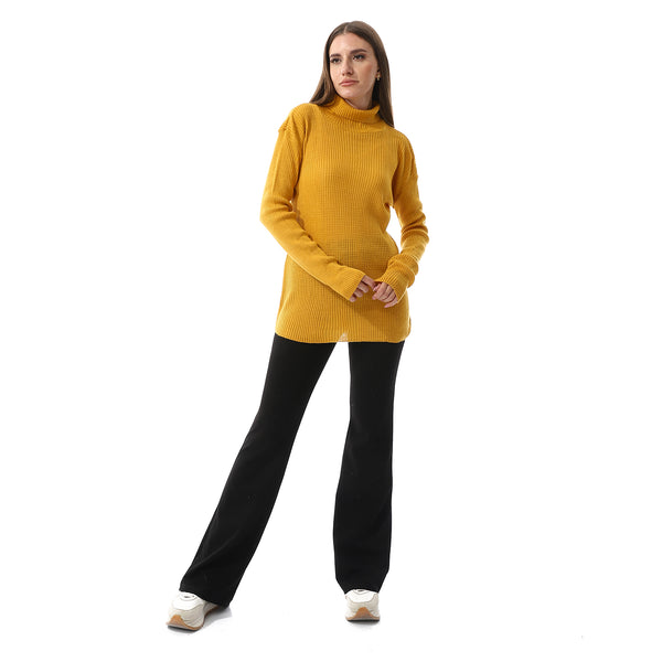 Turtle Neck Slip On Ribbed Top - Mustard