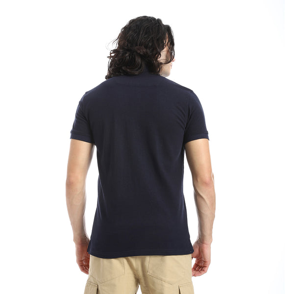 Pique_Pattern_Short_Sleeves_Navy_Blue_Polo_Shirt