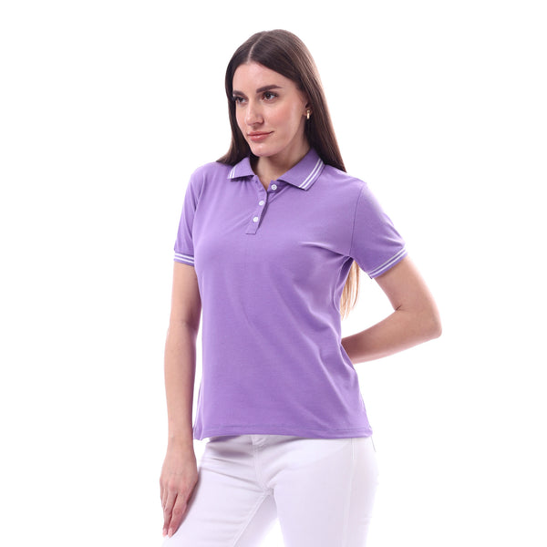 Woman_Turn_Down_Collar_Solid_Polo_Shirt_-_Purple