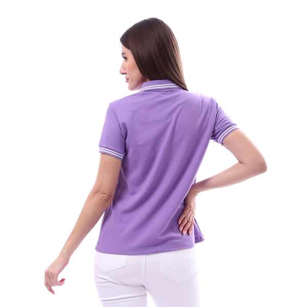 Woman_Turn_Down_Collar_Solid_Polo_Shirt_-_Purple