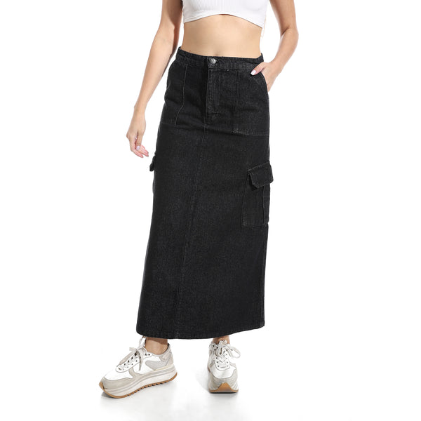 Maxi_Slim_One_Button_Closure_Denim_Skirt_-_Black