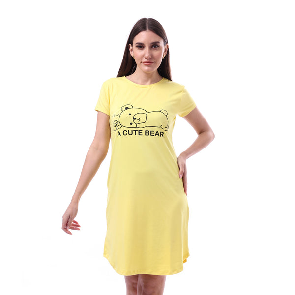 Printed_Pattern_Short_Sleeves_Sleep_Dress_-_Yellow