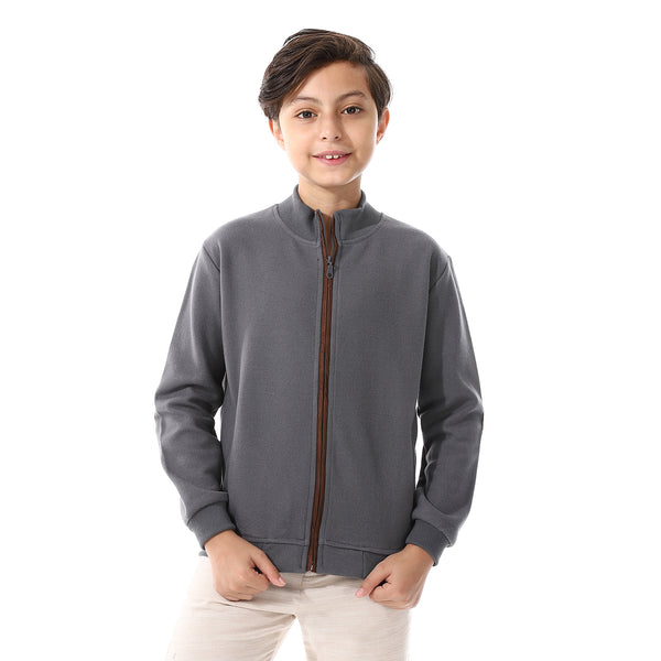 Slash Pockets Plain Zipped Boys Sweatshirt - Dark Grey