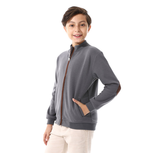 Slash Pockets Plain Zipped Boys Sweatshirt - Dark Grey