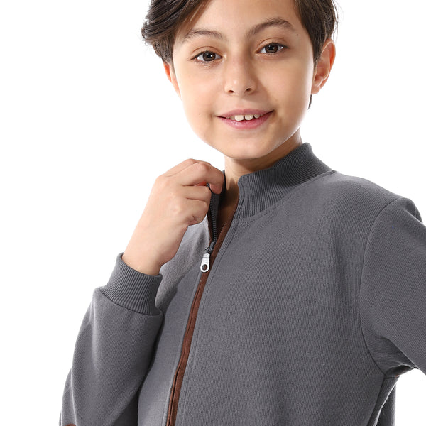 Slash Pockets Plain Zipped Boys Sweatshirt - Dark Grey