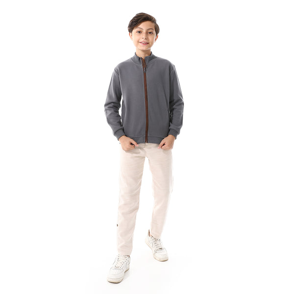 Slash Pockets Plain Zipped Boys Sweatshirt - Dark Grey