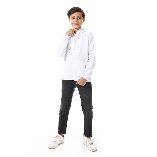 Kangaroo Pockets Fleeced Boys Hoodie - White