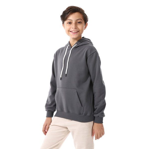Kangaroo Pockets Fleeced Boys Hoodie - Dark Grey