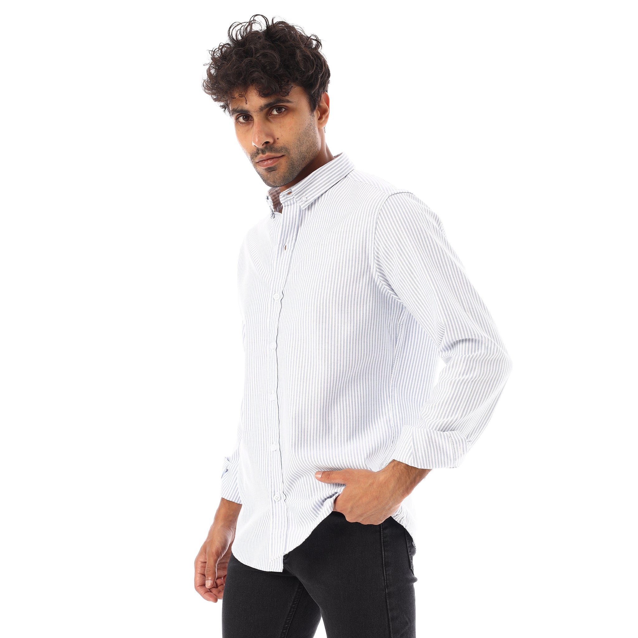 Turn Down Collar Striped Oxford Shirt - Baby Blue