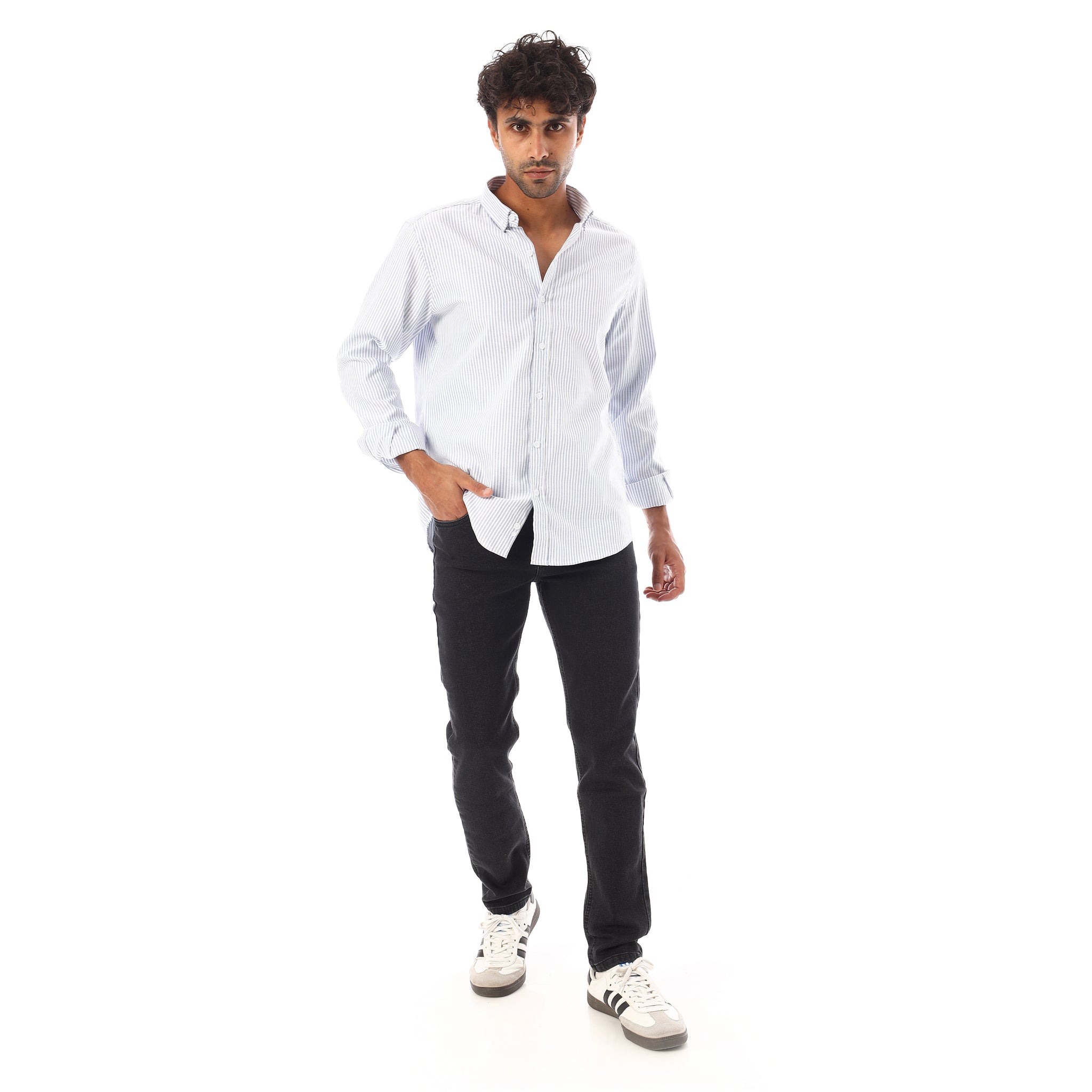 Turn Down Collar Striped Oxford Shirt - Baby Blue