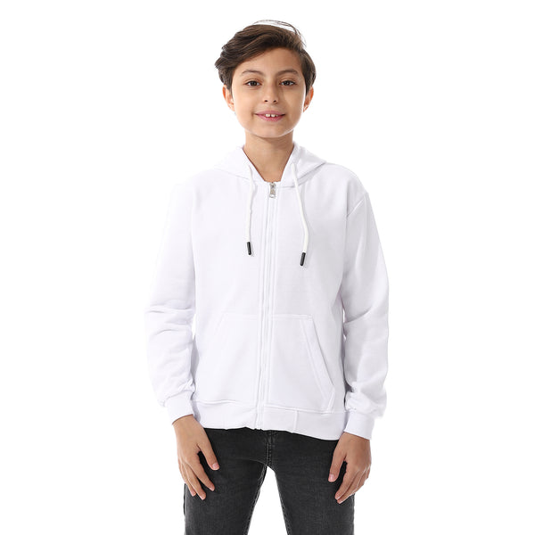 Boys Hooded Long Sleeves Plain Side Pockets Sweatshirt white
