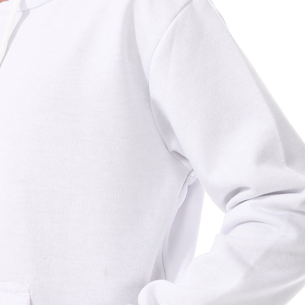 Boys Hooded Long Sleeves Plain Side Pockets Sweatshirt white