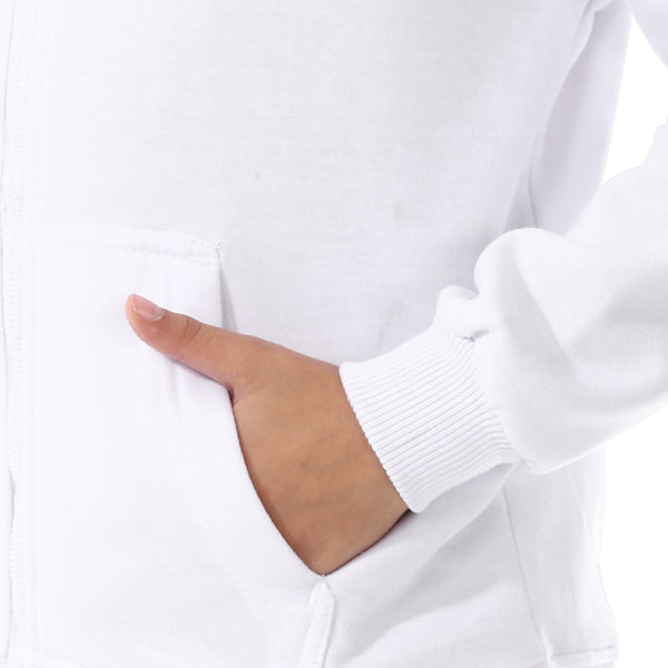 Boys Hooded Long Sleeves Plain Side Pockets Sweatshirt white