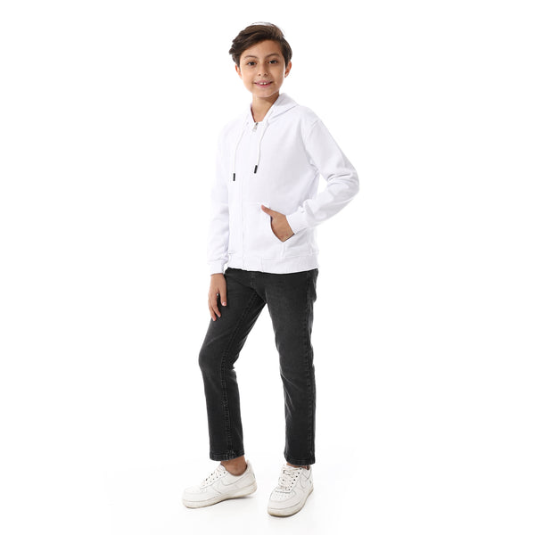 Boys Hooded Long Sleeves Plain Side Pockets Sweatshirt white