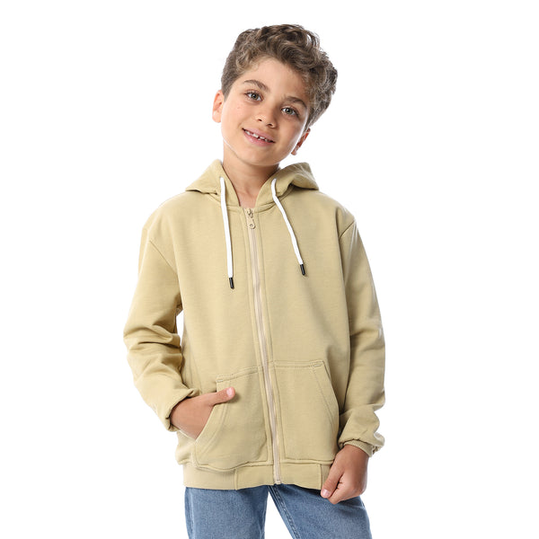 Sand Beige Zipper Closure Fleeced Boys Sweatshirt