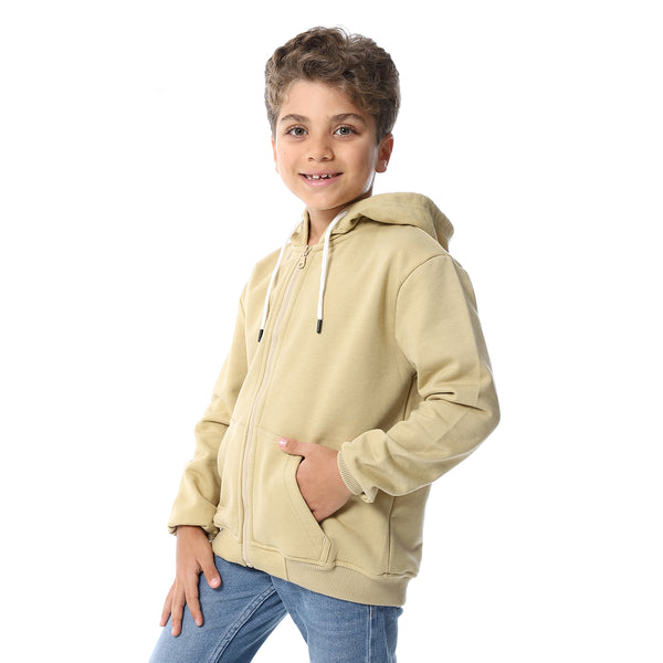 Sand Beige Zipper Closure Fleeced Boys Sweatshirt