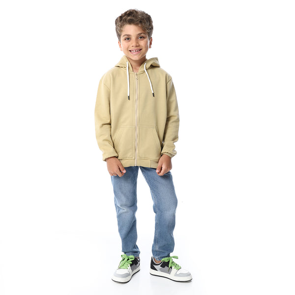 Sand Beige Zipper Closure Fleeced Boys Sweatshirt