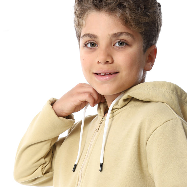 Sand Beige Zipper Closure Fleeced Boys Sweatshirt