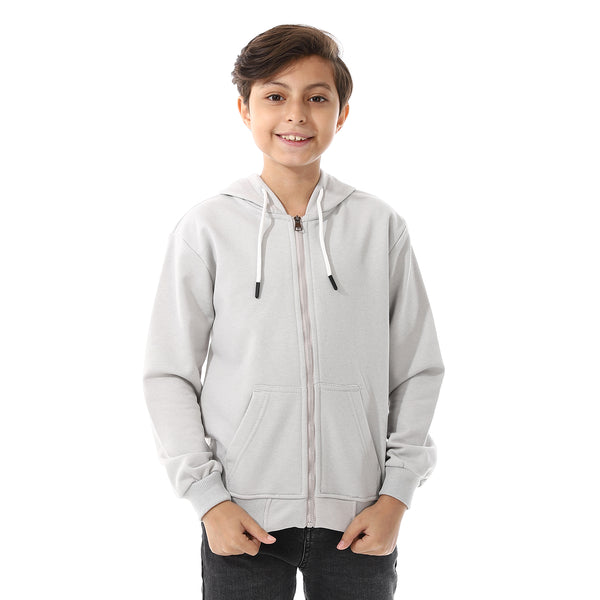 Boys Hooded Long Sleeves Plain Side Pockets Sweatshirt grey