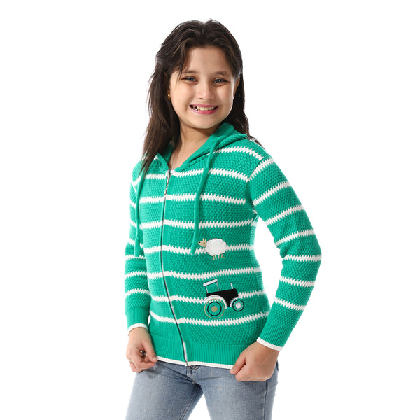 Girls Hooded Neck Striped Sweatshirt Green