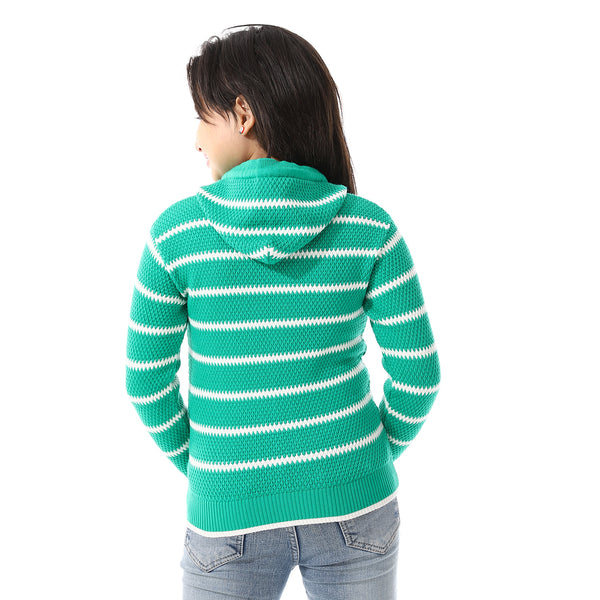 Girls Hooded Neck Striped Sweatshirt Green