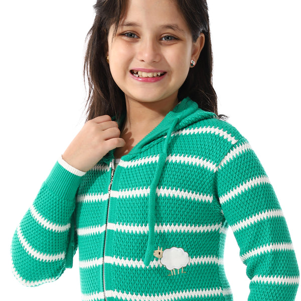 Girls Hooded Neck Striped Sweatshirt Green