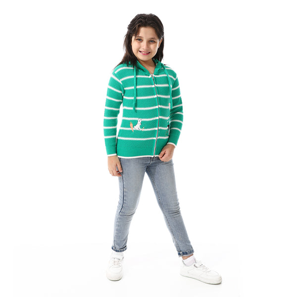 Girls Hooded Neck Striped Sweatshirt Green