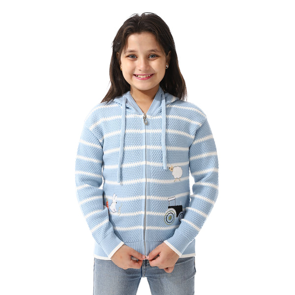 Girls Hooded Neck Striped Sweatshirt Light Blue
