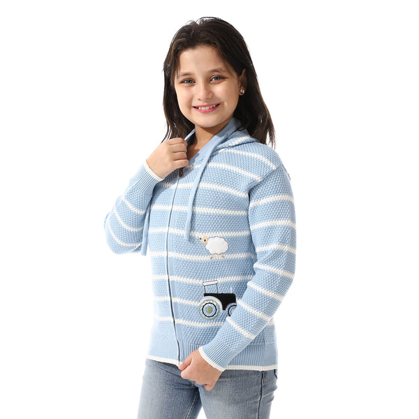 Girls Hooded Neck Striped Sweatshirt Light Blue