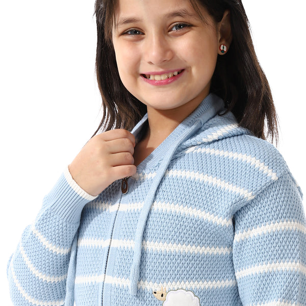 Girls Hooded Neck Striped Sweatshirt Light Blue